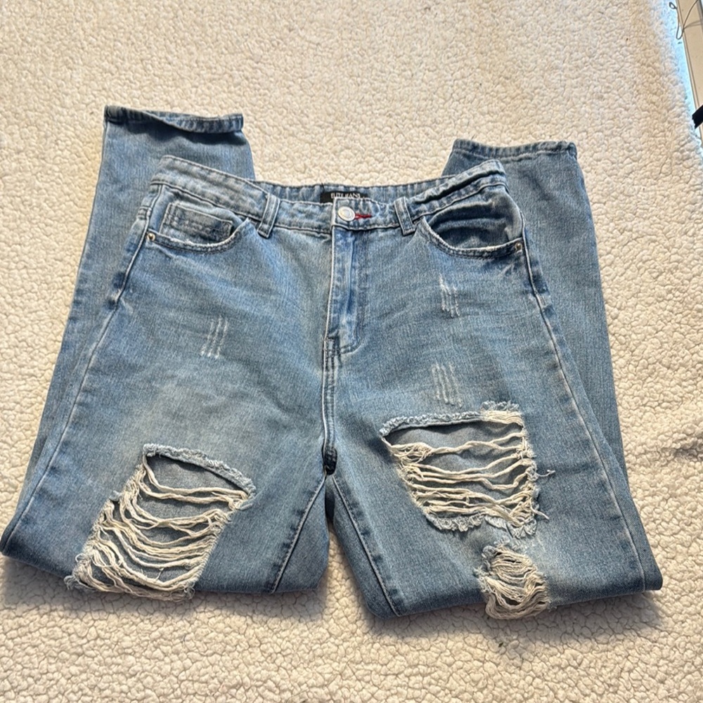 Elite Jeans Blue Straight Leg Jeans with Distressed Knees